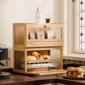 Boîte de rangement à pain en bambou à double couche avec couvercle rabattable, organisateur de cuisine et de boulangerie avec panneau en verre pour la présentation de pains et pâtisseries frais - Product Image 1