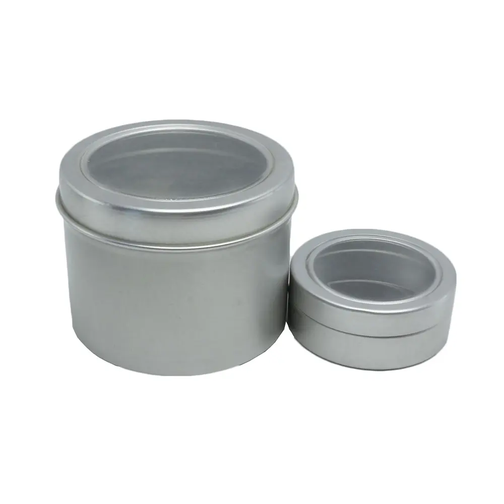 Vente en gros pot de bougie rond 100ml fenêtre ouverte boîtes de safran AJ-97S d'emballage en aluminium étain