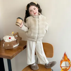 Ensemble deux pièces pour filles, automne-hiver 2025, <span class=keywords><strong>veste</strong></span> élégante en <span class=keywords><strong>simili</strong></span> <span class=keywords><strong>cuir</strong></span> et coton à manches longues avec doublure en polaire et pantalon décontracté - Product Image 1