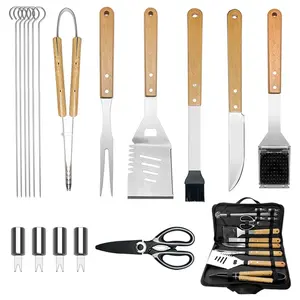 Oem Hot Selling Rvs Bbq Tool Set 17Pc Outdoor Barbecue Grill Accessoires Hout Handvat Camping Draagbare Grill Bbq Tool