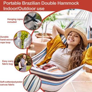 <span class=keywords><strong>Hamac</strong></span> <span class=keywords><strong>double</strong></span> brésilien moderne et durable pour 2 personnes avec sangles d'arbre, tissu en toile de coton portable, mobilier d'extérieur, camping - Product Image 3