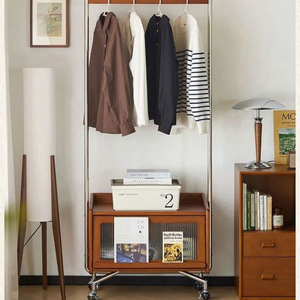 Retro Solid Wood Coat Rack Scandinavian Style Movable Floor Standing Multi Functional Entryway Storage With Wheels Oak Color - Product Image 1