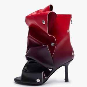 Summer Square Open Toe High-Heeled Short Boots Denim Colorful Plaid Ankle <strong>Booty</strong> Women Pleated Upper Sandals <strong>Shoes</strong> - Product Image 4