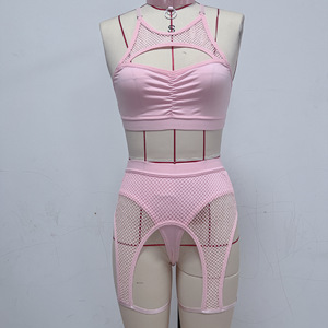 Set pakaian dalam wanita seksi kualitas tinggi set tari tiang seksi Bra silang jala hitam dengan celana dalam 3 potong untuk wanita - Product Image 6