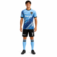 Conjunto de Uniforme de Fútbol Personalizado Azul Escarchado Plateado para Hombre, Secado Rápido por Transferencia de Calor, Malla Transpirable, Ropa Deportiva de Equipo, 100% Poliéster, Venta al por Mayor OEM