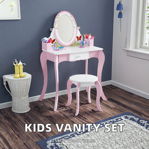 Set Moderno <span class=keywords><strong>per</strong></span> Bambini con Tavolo da Trucco e Sgabello, Design con <span class=keywords><strong>Specchio</strong></span>, in Legno Massello e MDF con Cassetto Portaoggetti - Product Image 2