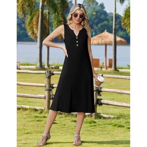 Robe d'été pour femmes, sans manches, col en V, mi-longue, style bohème, robe de plage pour les vacances, vêtements décontractés respirants en tissu tissé - Product Image 5