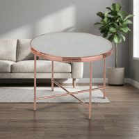 Mesa de Centro Redonda Moderna de Cobre Rojo con Vidrio Templado y Estructura Metálica para Muebles de Sala de Estar