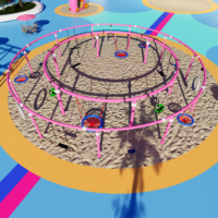 Balançoire circulaire à double anneau avec structure métallique et plusieurs sièges, pour aire de jeux extérieure, parc à thème, site touristique, parc d'attractions
