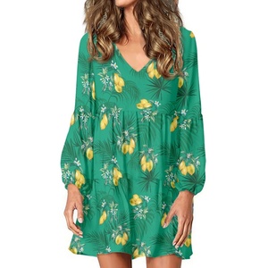 Full <strong>Printed</strong> <strong>Lemon</strong> Design Customized Long Sleeve Pleated Skirt <strong>Dress</strong> Vintage V-neck Casual <strong>Dresses</strong> for Women Beach Clothing - Product Image 5