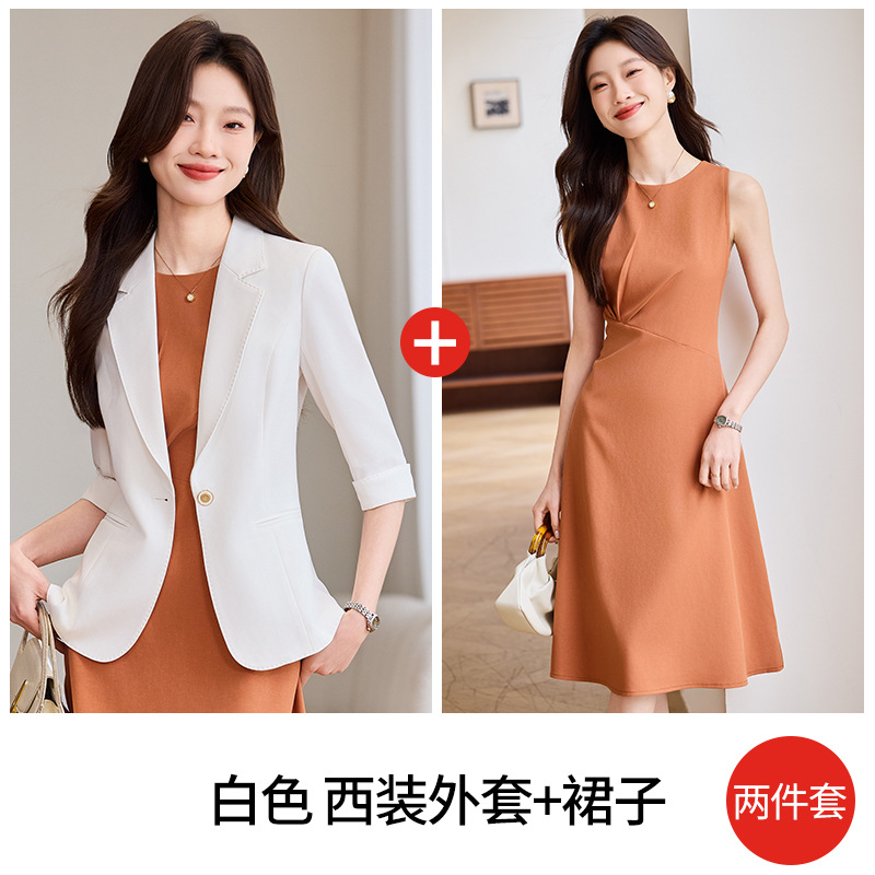 White suit and caramel-colored dress