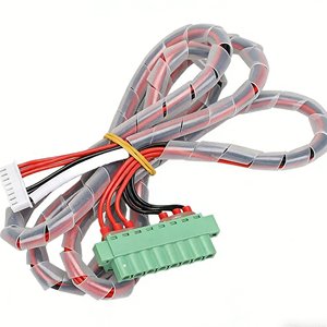 Harnais de câblage multi-prises personnalisé avec gaine spirale, connecteur blanc et bornier vert pour le contrôle et l'automatisation industriels - Product Image 1
