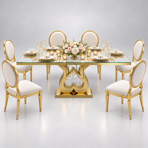 Table à manger moderne en acier inoxydable doré avec plateau en verre transparent, base en forme de cœur, mobilier pour événements et mariages, vente en gros - Product Image 4