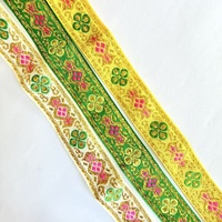 Ruban de broderie en polyester doré et argenté de 2 cm, style ethnique, motif floral trèfle à quatre feuilles, jacquard pour vêtements, sacs et décoration intérieure KRT