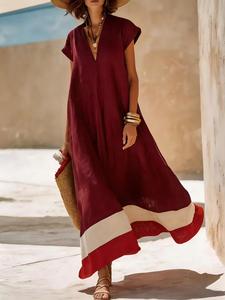 Abito lungo da donna a blocchi di colore, scollo a V con maniche corte arricciate e orlo a righe rosse e bianche, vestibilità ampia, casual, stile boho, copricostume estivo - Product Image 4