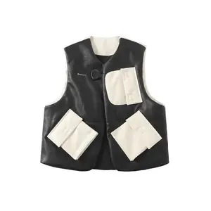 Custom design high quality multi pockets streetwear embroidery logo men puffer leather jacket vest