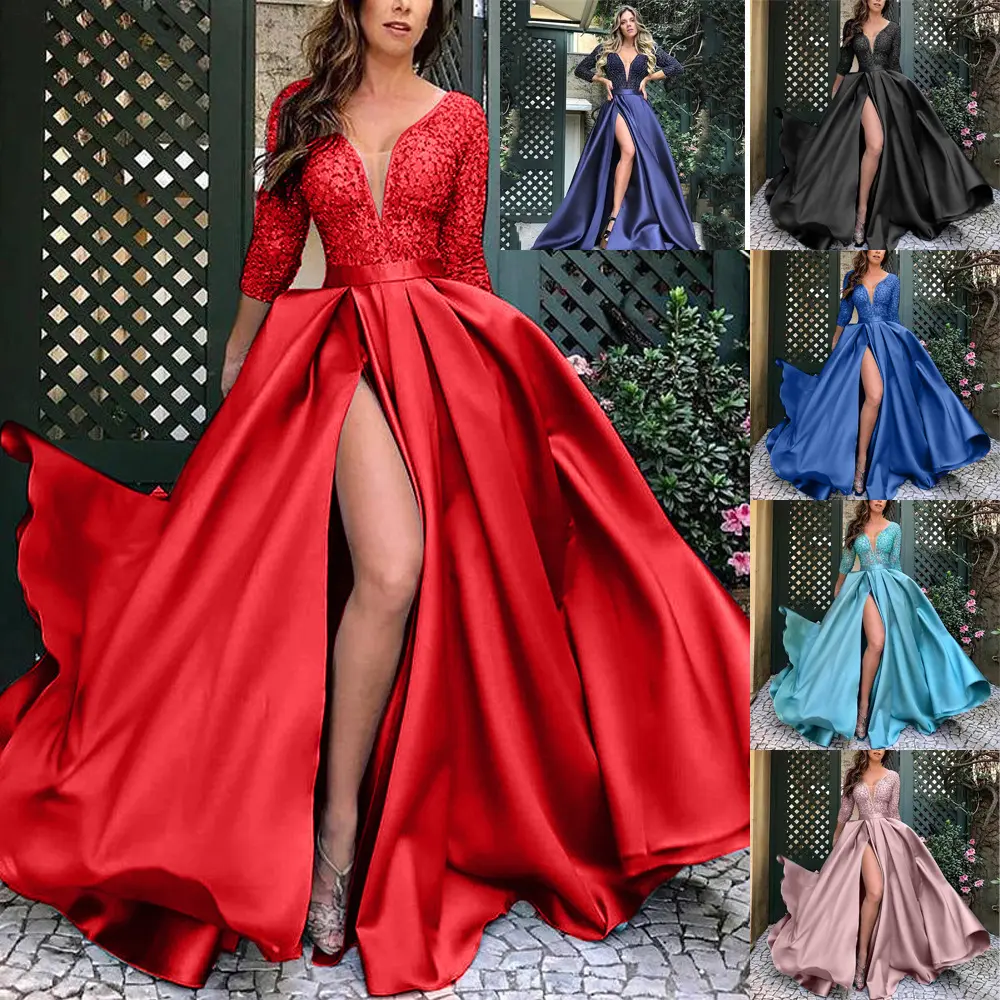 Women's Elegant Basics Evening Dresses Deep V-neck Long Lace Sexy Female Evening Dress Plus Size