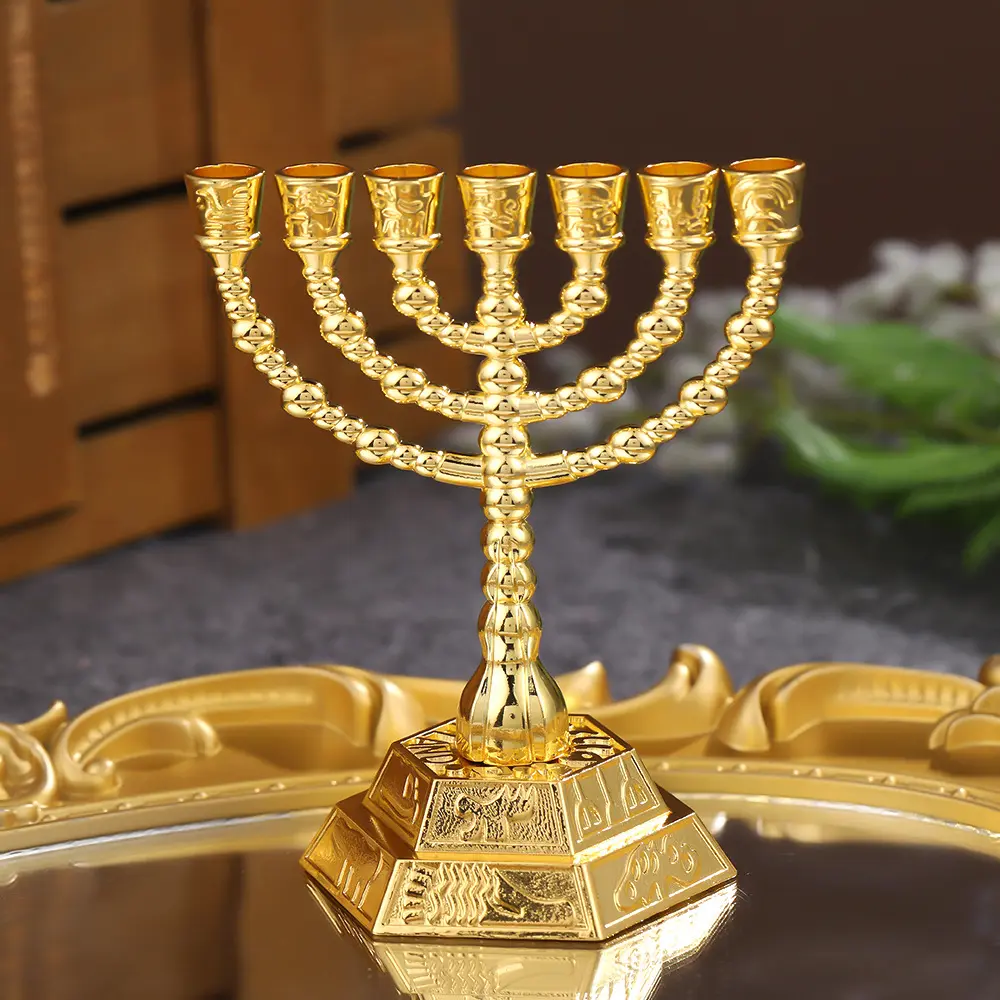 7 jüdische Kerzenständer gold religiöser Tisch Metalldekoration Gold vintage Metall mehrköpfiger Kerzenhalter