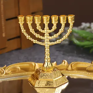 Lilin meja agama Emas 7 Yahudi, dekorasi logam emas antik logam pegangan lilin multi-kepala