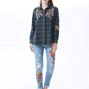 Ropa Casual para Mujer 2023, Camisa a Cuadros con Bordado de Manga Larga, Blusas y Tops para Mujer, S-04, Liso Teñido, Poliéster/Algodón, Corte Regular - Product Image 1