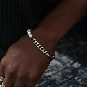 MECYLIFE-Bracelet à maillons cubains en acier inoxydable, bracelet personnalisé avec coquillage et perles, bijoux hip hop pour hommes