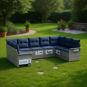 Poly Rattan Garden <b>Sofa</b> <b>Set</b> Grey 9 Piece With Cushions Outdoor Furniture Contemporary Design - Product Image 2