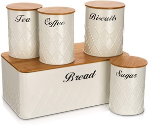 Sample Available Wholesale Metal Bread Box bread bin Tea Sugar Coffee Canister Set With Bamboo Lid Storage Container