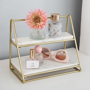 Hot bán 2 Tier thường vụ nước hoa trang điểm lưu trữ giá phòng tắm Organizer <span class=keywords><strong>Countertop</strong></span> đá cẩm thạch và vàng vẻ đẹp trang điểm Organizer - Product Image 3