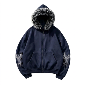 Mens Navy Blue <b>Gothic</b> Zip Up <b>Hoodie</b> Fur Hood Tribal Y2K Graphic Oversized Streetwear Baggy Hip Hop Hooded Sweatshirt Jacket - Product Image 1