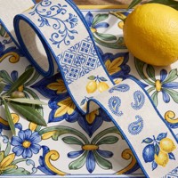 Pita Kawat Bermotif Bunga Lemon Vintage Biru Kuning untuk Pembungkus Kado Kerajinan DIY Dekorasi Rumah