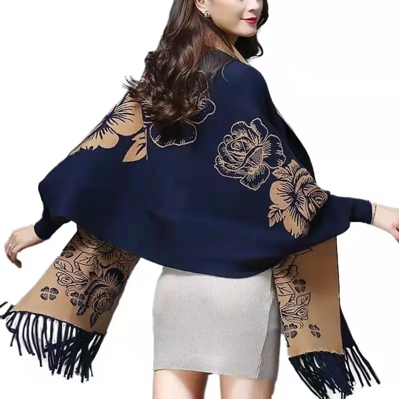 2022 wholesale trendy lady women autumn winter jacquard knit floral flower sweater wrap cape shawl