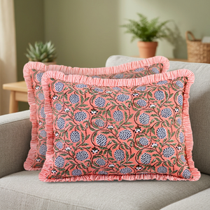 RIDHI 20x26" Dusty Rose Ruffle Lumbar Pillow Cover Set Hand Block Print Floral Western Style Cotton Customizable Removable Decor - Product Image 3