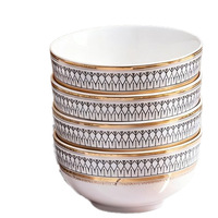 Assiette et Bol de Luxe Nordique Haut de Gamme en Porcelaine à Bord Doré, Style Léger, pour Petit-Déjeuner, Steak, Plats Occidentaux, Compatible Micro-ondes, Incrustation Dorée