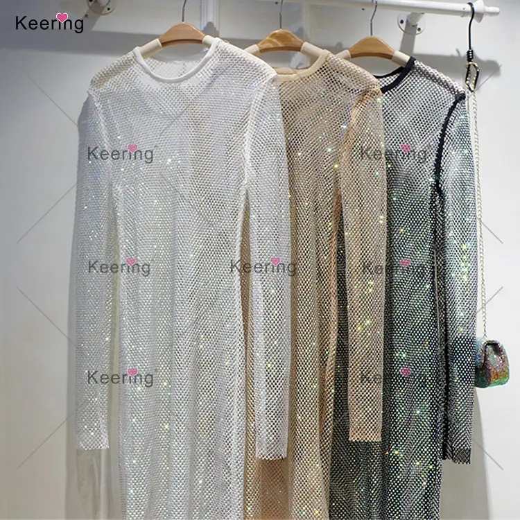 Phong Cách Mới Buổi Tối Gown Rhinestone Vải Tỏa Sáng Sexy Net Lưới Bodycon Ăn Mặc Với Dài Tay Áo Biểu Tượng Tùy Chỉnh Cho Phụ Nữ