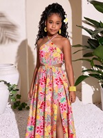 Robe deux pièces à imprimé floral pour adolescente, col halter et ourlet fendu, garantissant une liberté de mouvement pour les vacances d'été et les fêtes à la plage
