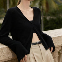 Cardigan en maille pour femme, col en V, à bouton unique, manches évasées, mélange de soie, court, léger, décontracté, pour superposition