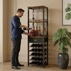 Mobile Bar Portabottiglie da Terra Autoportante a 4 Livelli per Liquori <span class=keywords><strong>e</strong></span> Bicchieri, con Porta Bicchieri, per Arredamento Casa - Product Image 1