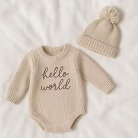 Gebreide romper voor babymeisjes, herfst/winter, 100% katoen, lange mouwen, trui, babykledingset met muts, zacht, comfortabel, knoopjes
