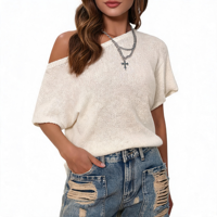 Pull tricoté pour femme, coupe ample, léger, décontracté, d'été, style Y2K, à épaules dénudées, col asymétrique, manches courtes, top asymétrique tombant