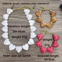 Collier Cœur Grande Taille pour Femme, Bracelet Statement, Perles Acryliques Dorées, Acier Inoxydable PVD Étanche, Blanc Beige Rouge