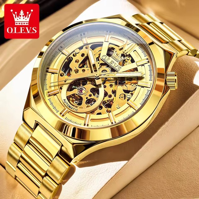 OLEVS 6722 Luxury Men Watches Automatic Mechanical Wristwatch Skeleton Design Waterproof Stainless Strap Male Watch Reloj Hombre
