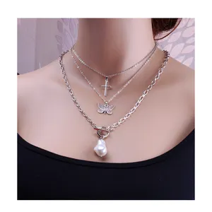 Vintage stainless steel Pearl necklace for Women Cross butterfly Necklace ladies valentine's necklace stainless steel