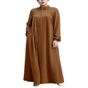 Abaya marron unie pour femme, manches longues, col montant, longueur ras du sol, robe modeste en coton, coupe ample, style Moyen-Orient, pour usage quotidien - Product Image 1