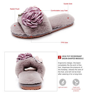 Zapatillas de felpa de lujo para mujer, pantuflas cálidas de piel sintética, suela suave, cálidas, planas, a la moda, con flores - Product Image 4