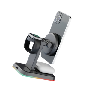 Support de bureau à charge rapide 15W H63, chargeur sans fil magnétique trois-en-un avec lumière de chevet colorée pour téléphone - Product Image 1
