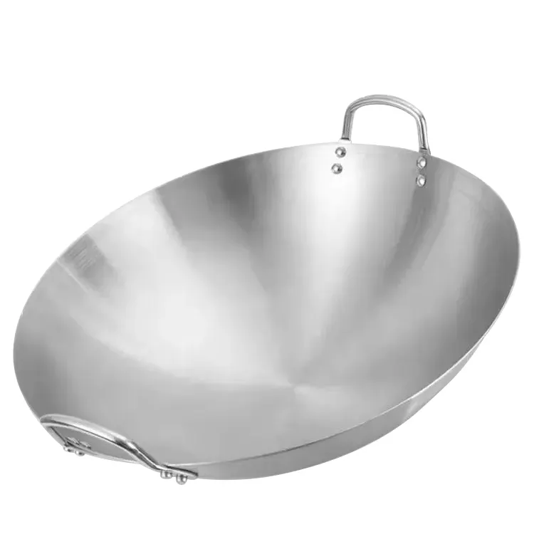 Ustensile de cuisine en acier inoxydable de 30 à 60cm, Wok à double oreille, grand wok avec poignées, poêle à wok de cuisine en acier inoxydable