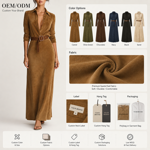Abito Lungo da Donna Personalizzato in Camoscio Marrone con <span class=keywords><strong>Colletto</strong></span> e Cintura, Elegante per Ufficio, Stile Old Money, Vendita all'Ingrosso OEM - Product Image 5
