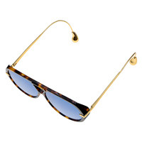 Lunettes de soleil ovales effet écaille de tortue avec verres bleus teintés, branches en métal doré, embouts en forme de larme, lunettes de mode, vente en gros et au détail