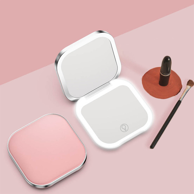 Foldable LED Double-Sided Three-Color Light USB-Charging Small Pocket Cosmetic Mirror for Make up