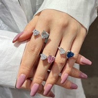 Vente en gros de nouveaux bijoux à la mode en argent S925 avec anneaux ouverts réglables en forme de double cœur rose et bleu pour femmes